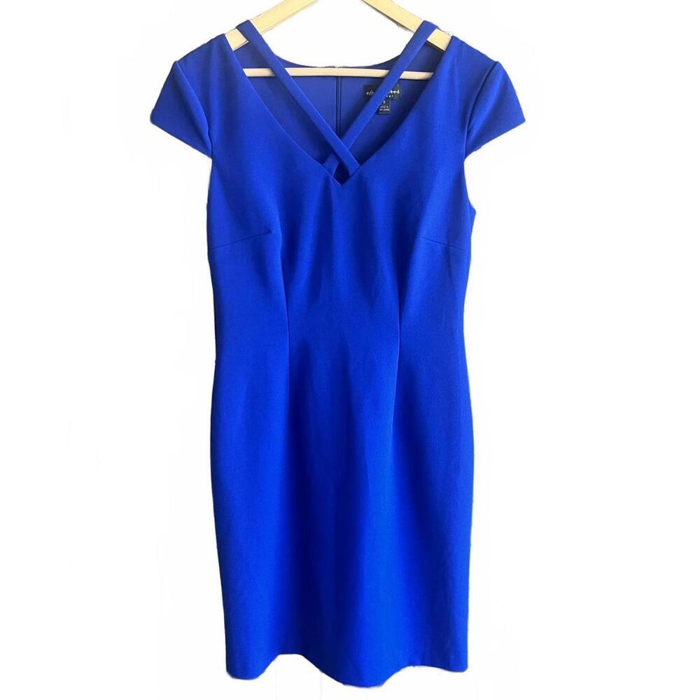 Connected Apparel Womens Blue Fitted Dress Sz 6 Cut Out Sheath Career